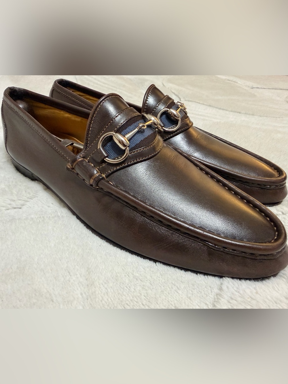 $1,050 Gucci Brown Leather Webbed Horse-Bit Snaffle Loafers 9 D